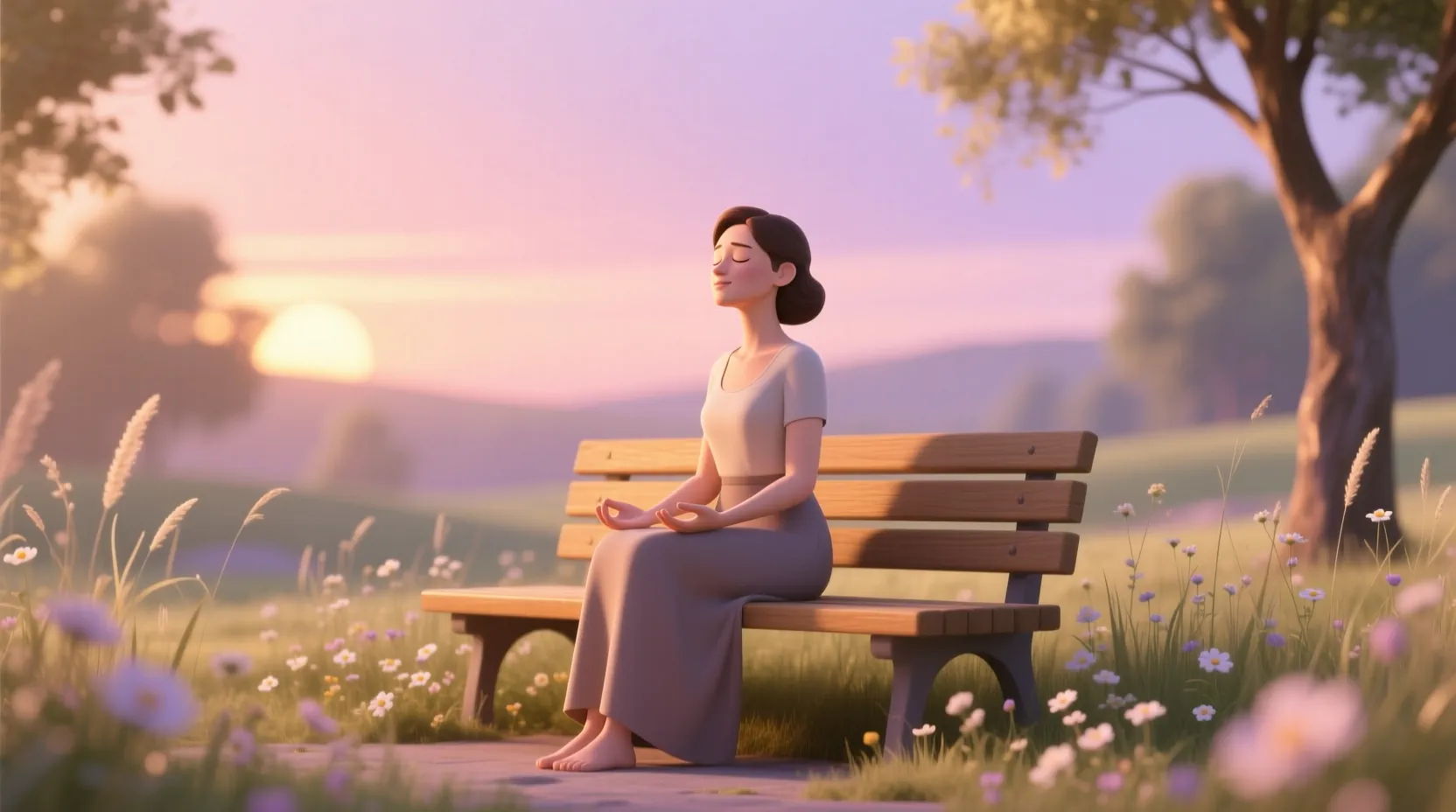 Técnicas sencillas para controlar la ansiedad diaria representadas en una escena serena de una mujer respirando profundamente en un parque al atardecer, con tonos pastel y luz cálida.