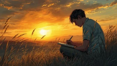 Persona reflexionando al atardecer mientras escribe en un cuaderno, simbolizando el aprendizaje diario