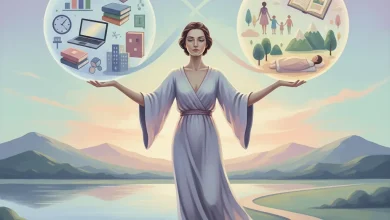 Cómo avanzar profesionalmente sin perder equilibrio personal representado en una escena simbólica con una persona equilibrando trabajo y vida personal en tonos pastel y luz armoniosa.