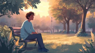 Cómo superar el estrés y sentirte más relajado hoy, una escena tranquila al atardecer en un parque urbano con una persona respirando profundamente, rodeada de árboles y luz cálida, estética europea moderna, rasgos equilibrados, tonos pastel y atmósfera relajada.