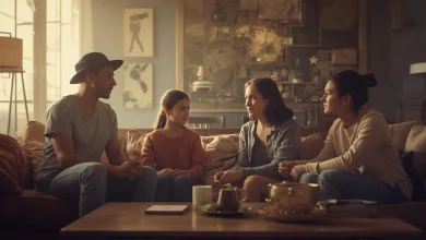 Familia dialogando con calma para resolver un desacuerdo en el hogar