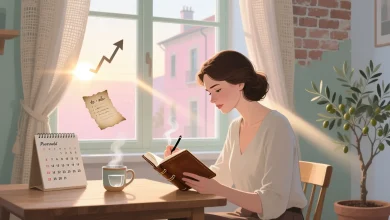 Cómo mantener la motivación diaria y cumplir tus metas representado en una escena simbólica e inspiradora con una persona escribiendo en un diario al amanecer, en tonos pastel y luz cálida.