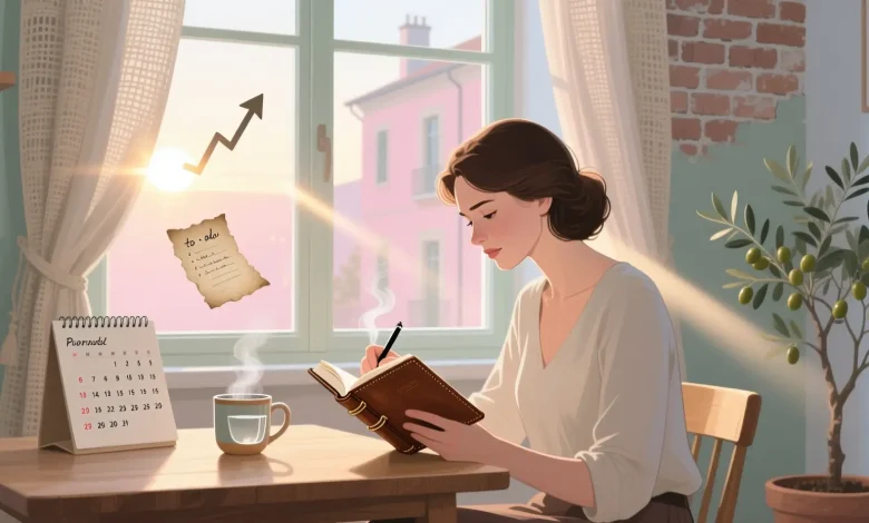 Cómo mantener la motivación diaria y cumplir tus metas representado en una escena simbólica e inspiradora con una persona escribiendo en un diario al amanecer, en tonos pastel y luz cálida.