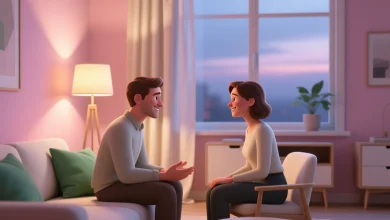 Cómo mejorar la comunicación con tu pareja fácilmente representado en una escena íntima y serena con dos personas conversando en armonía, luz cálida y tonos pastel suaves.