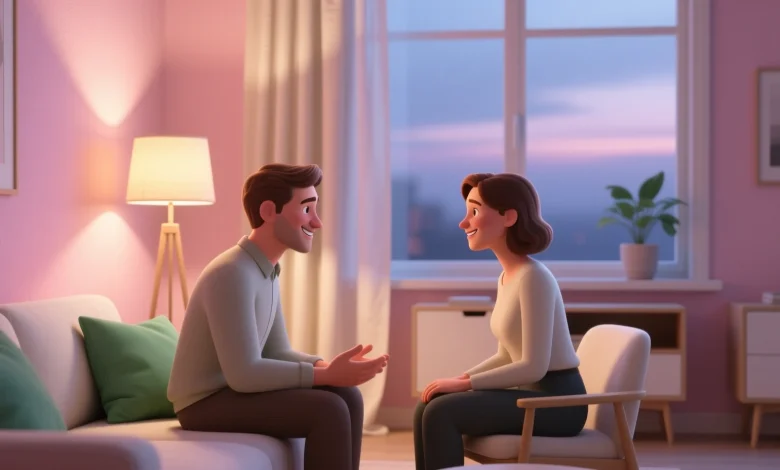 Cómo mejorar la comunicación con tu pareja fácilmente representado en una escena íntima y serena con dos personas conversando en armonía, luz cálida y tonos pastel suaves.