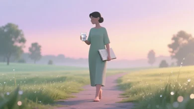 Consejos prácticos para mejorar la salud física y mental diaria representados en una escena simbólica con una persona caminando al amanecer, tonos pastel y luz suave.